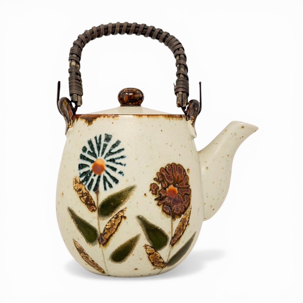 Vintage Japanese Stoneware Teapot Rattan Handle Floral Speckled Glaze 1970s MCM